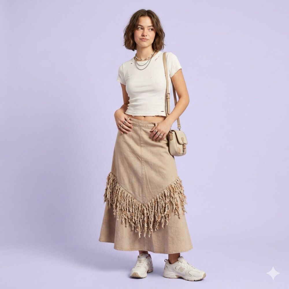 Vintage Circle T Marilyn Lenox Fringe Maxi Skirt Tan Cotton Boho Western Cowboy